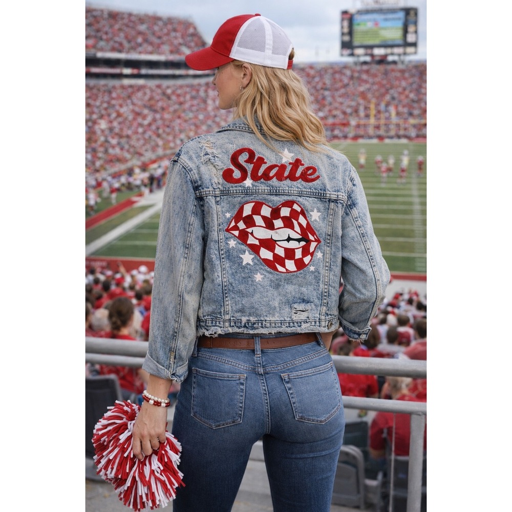 Rivalry Sunday State Acid‎ Wash Distressed Cropped Denim Jacket Blue Red XS